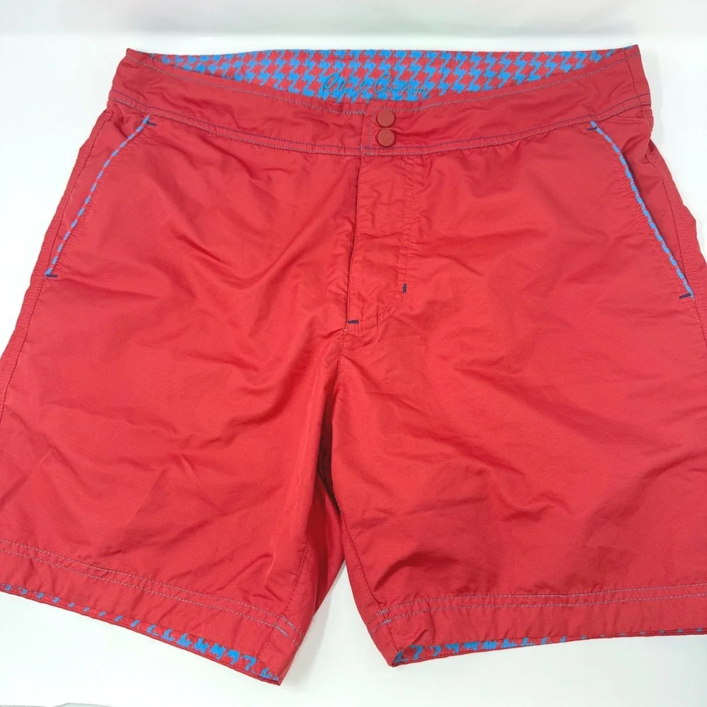 Robert Graham Mens Size 34 Red Houndstooth Trim Swim Trunks Board Shorts Classic